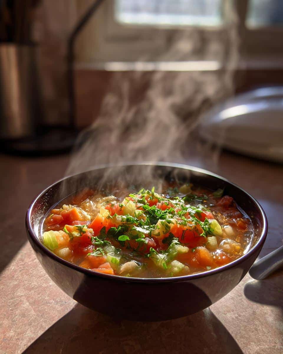 A steaming bowl of Ultimate Soup, garnished with fresh herbs and vegetables, illuminated by natural light.