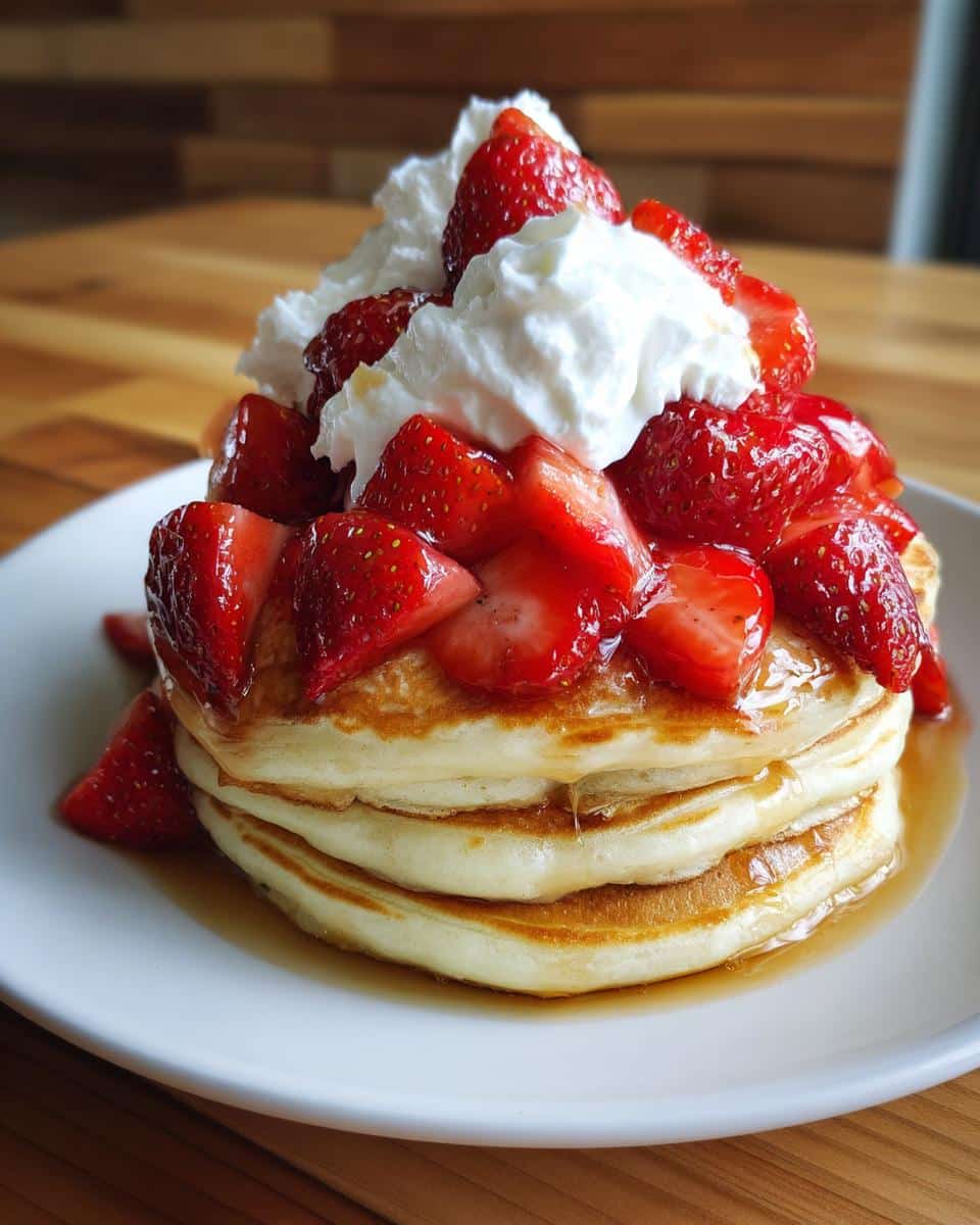 A tall stack of fluffy Strawberry Shortcake Pancakes topped with fresh sliced strawberries and a generous dollop of whipped cream.