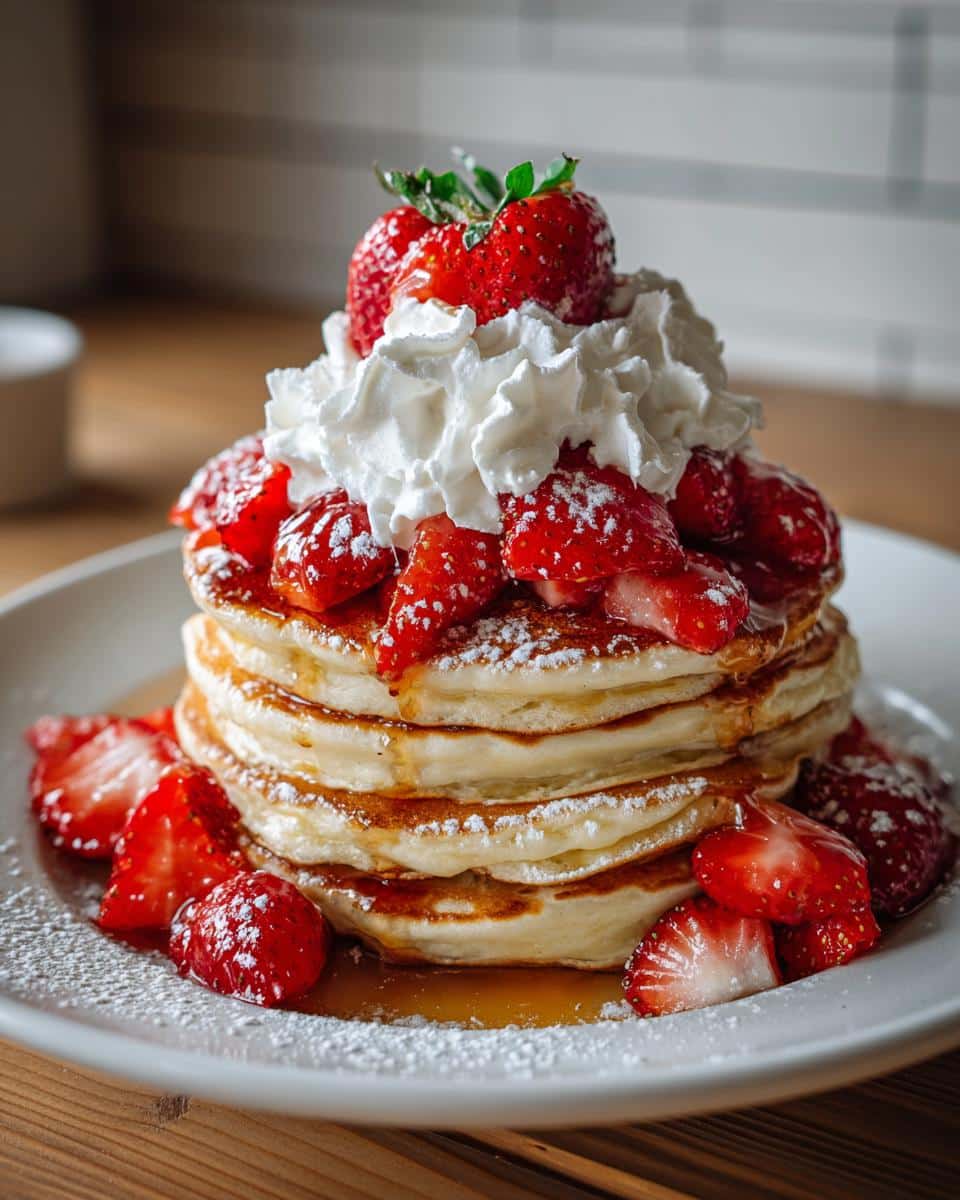 A tall stack of fluffy Strawberry Shortcake Pancakes topped with fresh strawberries, whipped cream, and powdered sugar.