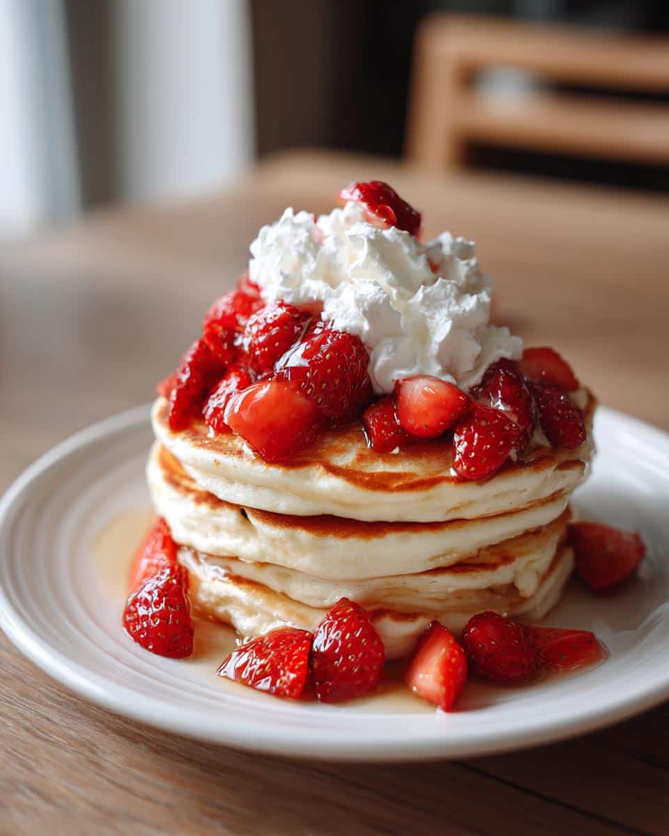A tall stack of fluffy Strawberry Shortcake Pancakes topped with fresh sliced strawberries and a generous dollop of whipped cream.