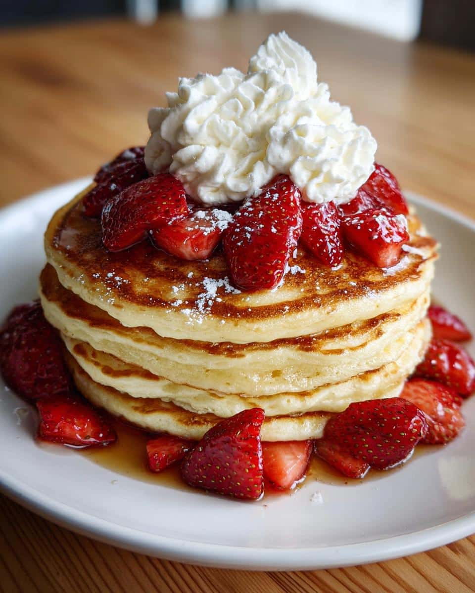 A tall stack of fluffy Strawberry Shortcake Pancakes topped with fresh sliced strawberries, whipped cream, and powdered sugar.