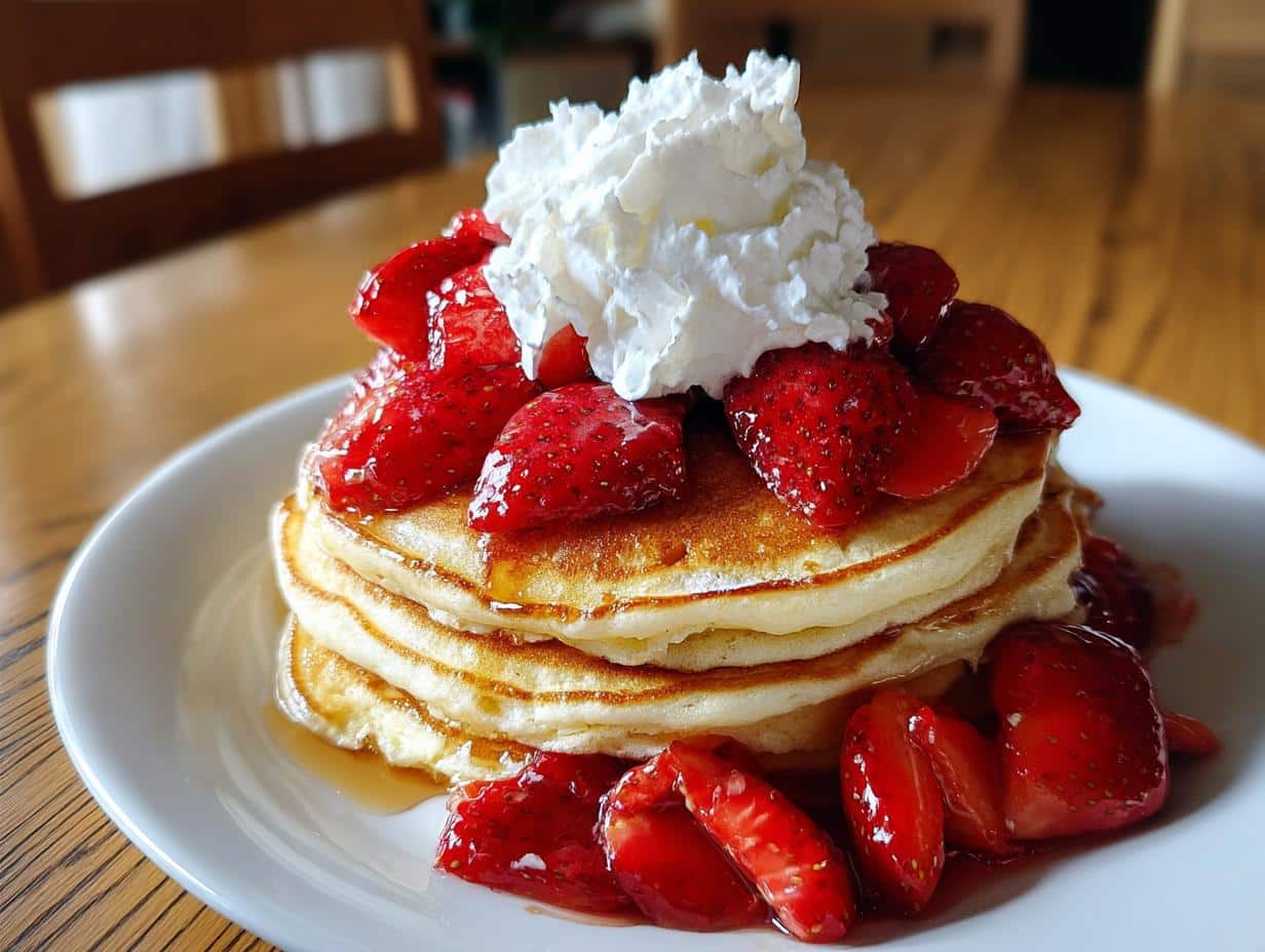 A stack of fluffy Strawberry Shortcake Pancakes topped with fresh sliced strawberries and a dollop of whipped cream.
