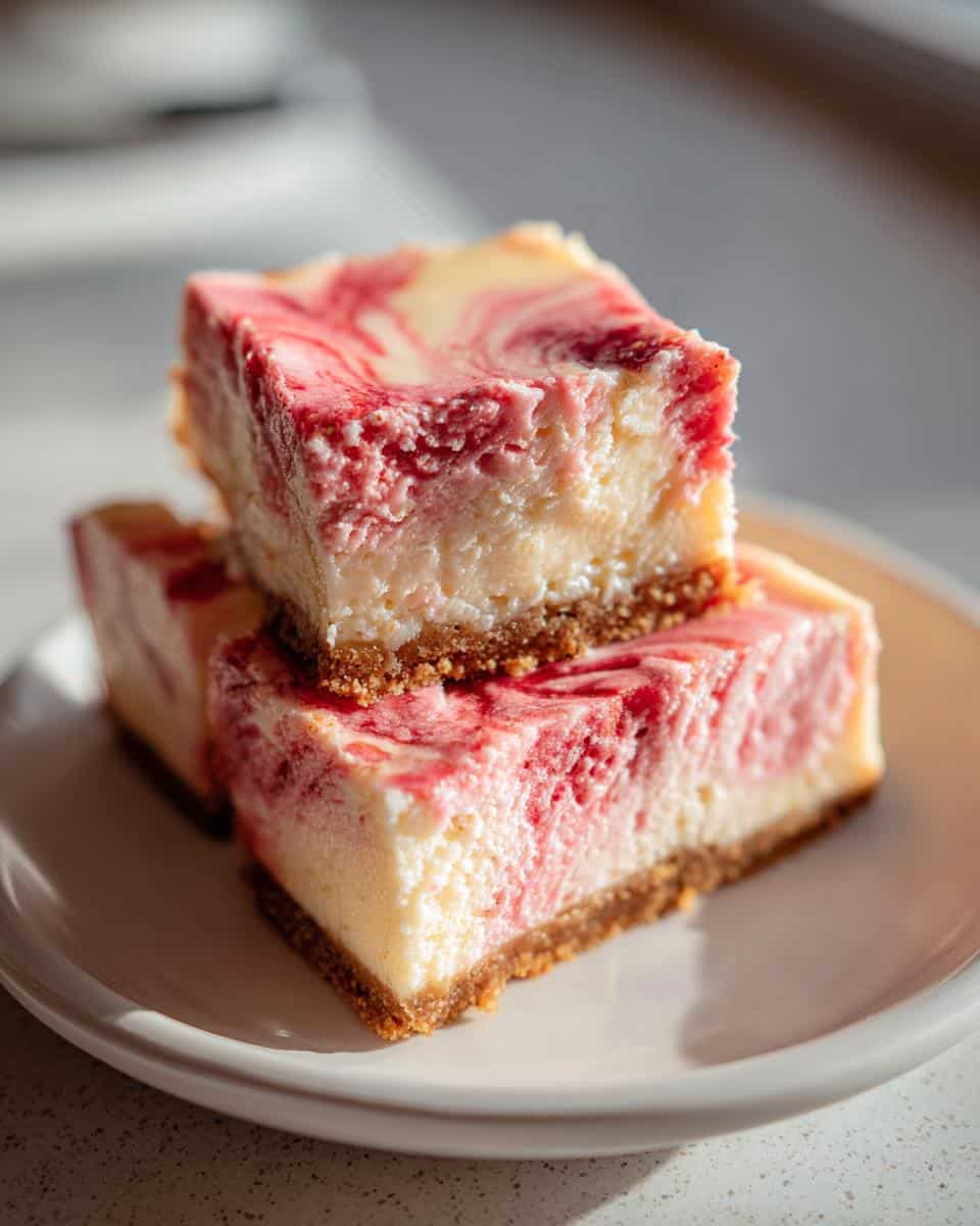 Two square bars of Strawberry Swirl Cheesecake stacked on a white plate, showing the red swirl and graham cracker crust.