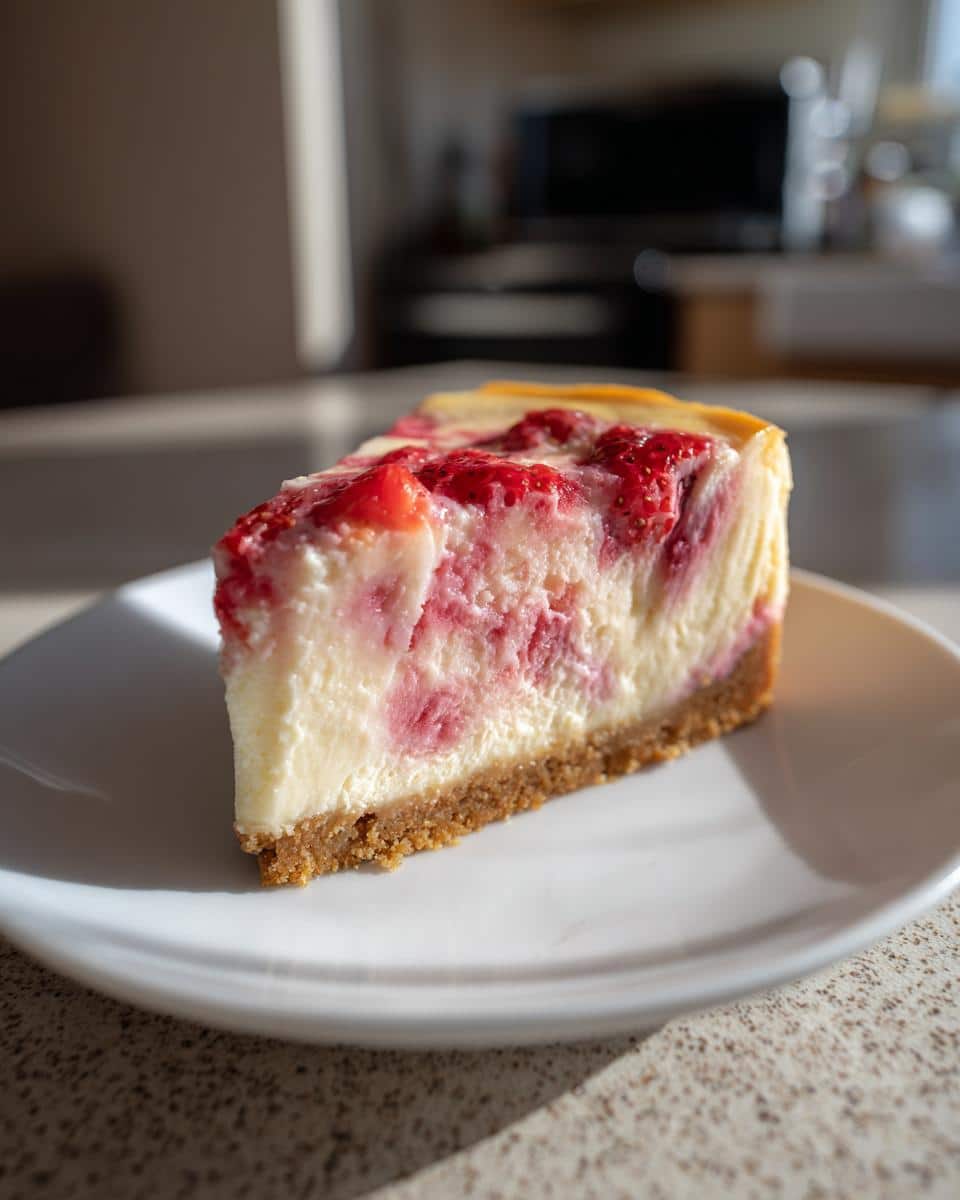 A close-up of a single slice of Strawberry Swirl Cheesecake on a white plate, showing the graham cracker crust and creamy filling.