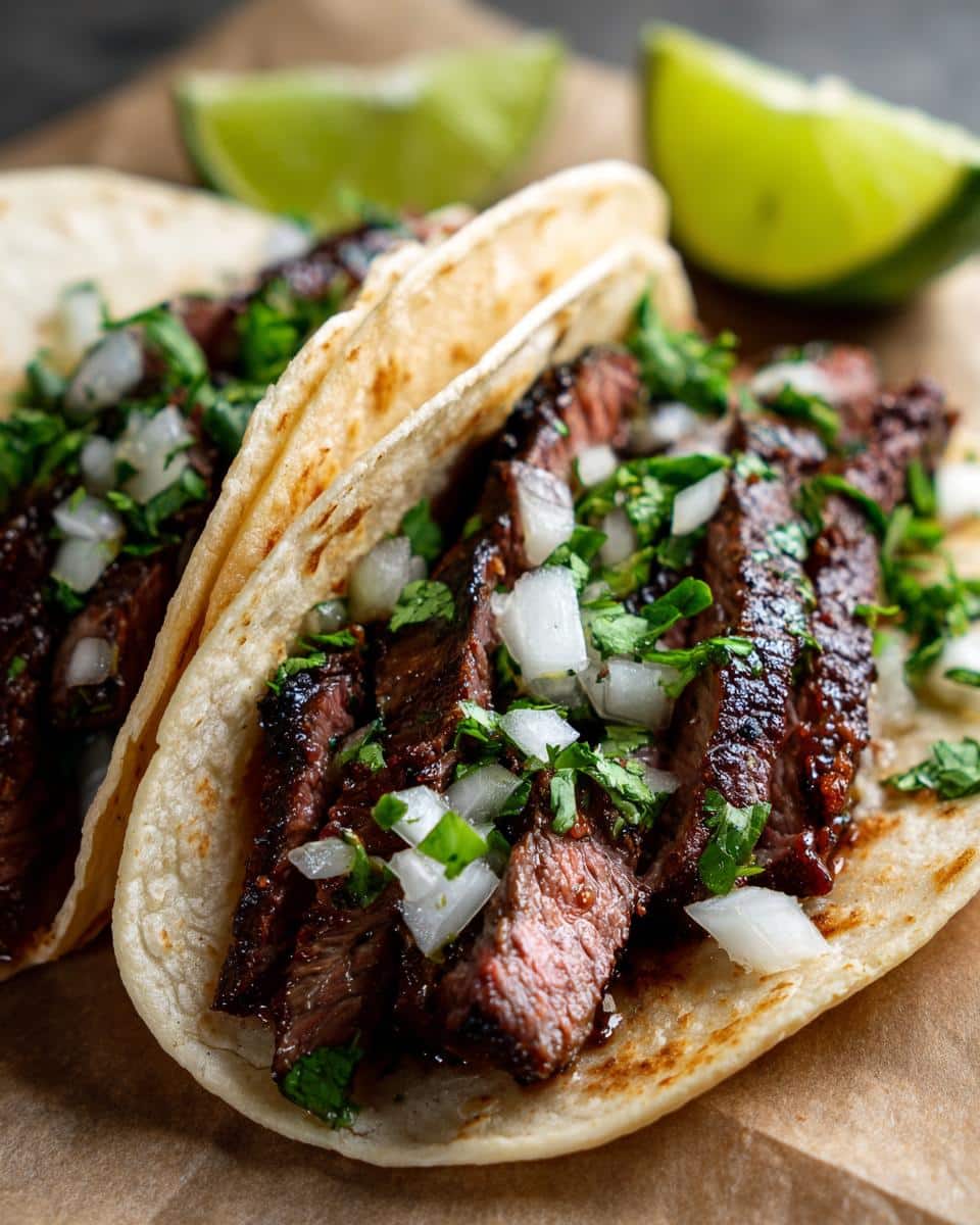 30-Minute Street Style Carne Asada Tacos You Can’t Resist 4 Two delicious Street Style Carne Asada Tacos filled with grilled meat, diced onions, and cilantro, served with lime wedges.