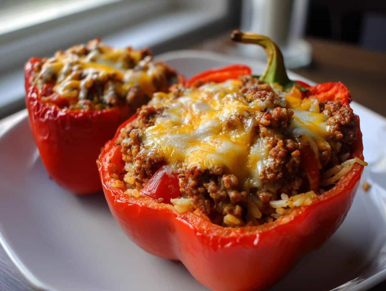 Easy Stuffed Peppers with Ground Beef in 45 Minutes 1 Two vibrant red Stuffed Peppers with Ground Beef and melted cheese on a white plate, ready to be served.