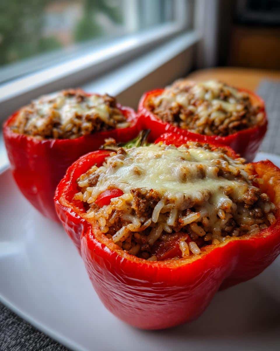 Easy Stuffed Peppers with Ground Beef in 45 Minutes 4 Three vibrant red Stuffed Peppers with Ground Beef and rice, topped with melted cheese, on a white plate.