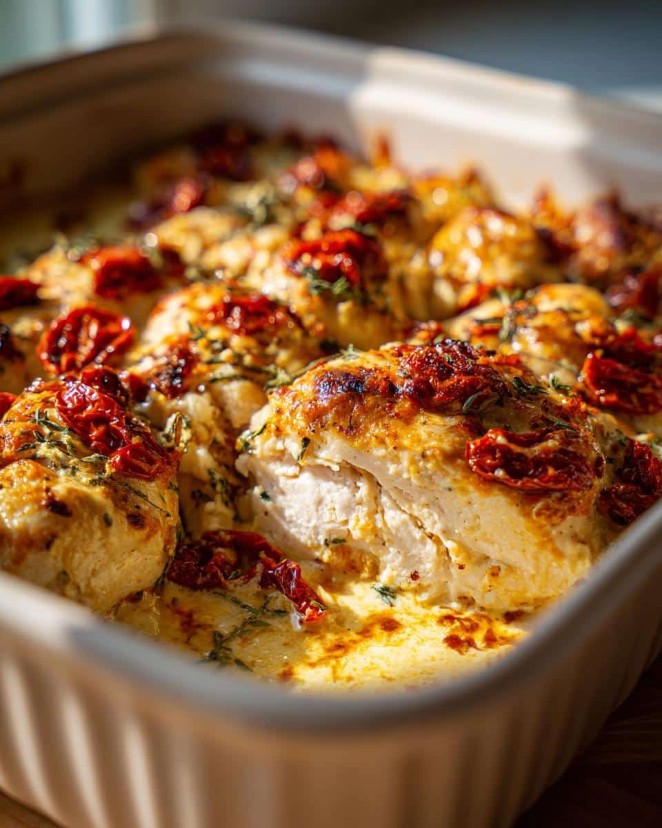 Close-up of a baked Sun Dried Tomato Chicken Casserole in a dish, showing golden chicken, red tomatoes, and creamy sauce.