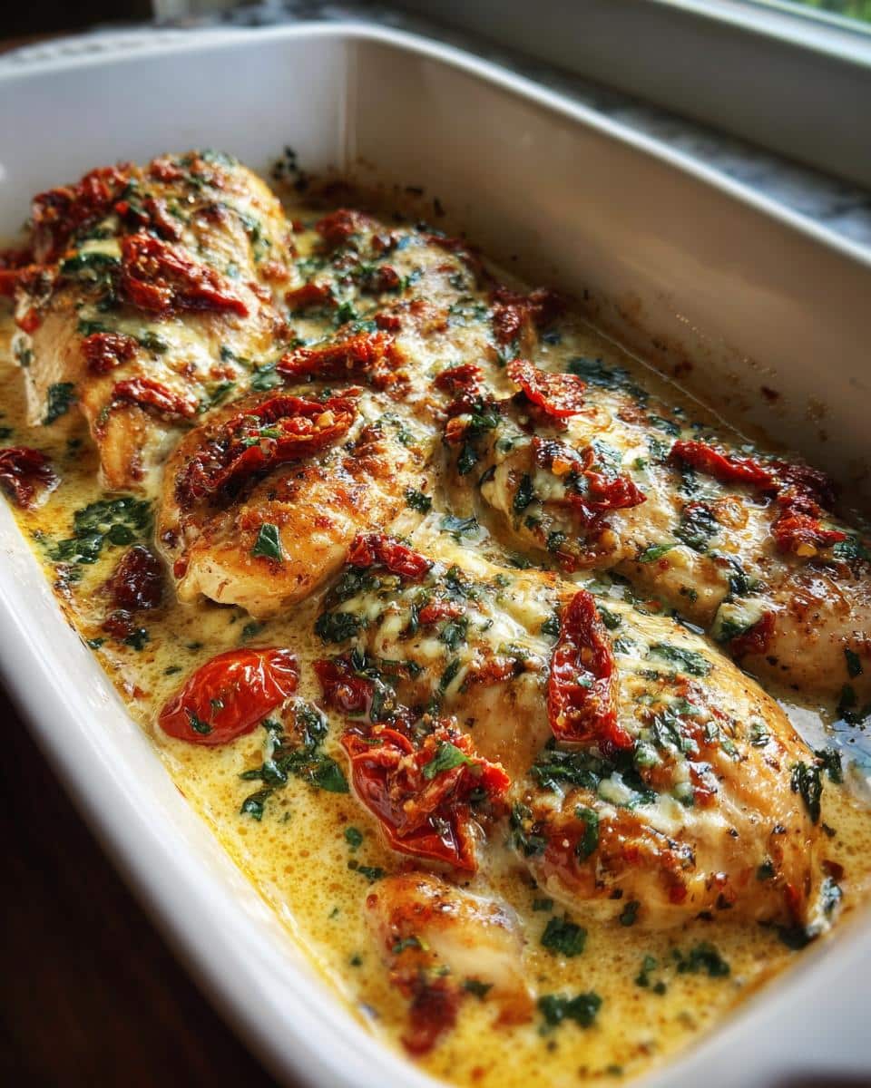 Close-up of a creamy Sun Dried Tomato Chicken Casserole in a white baking dish, garnished with herbs.
