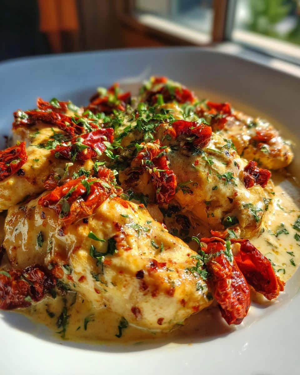 Close-up of creamy Sun Dried Tomato Chicken Casserole garnished with fresh parsley.