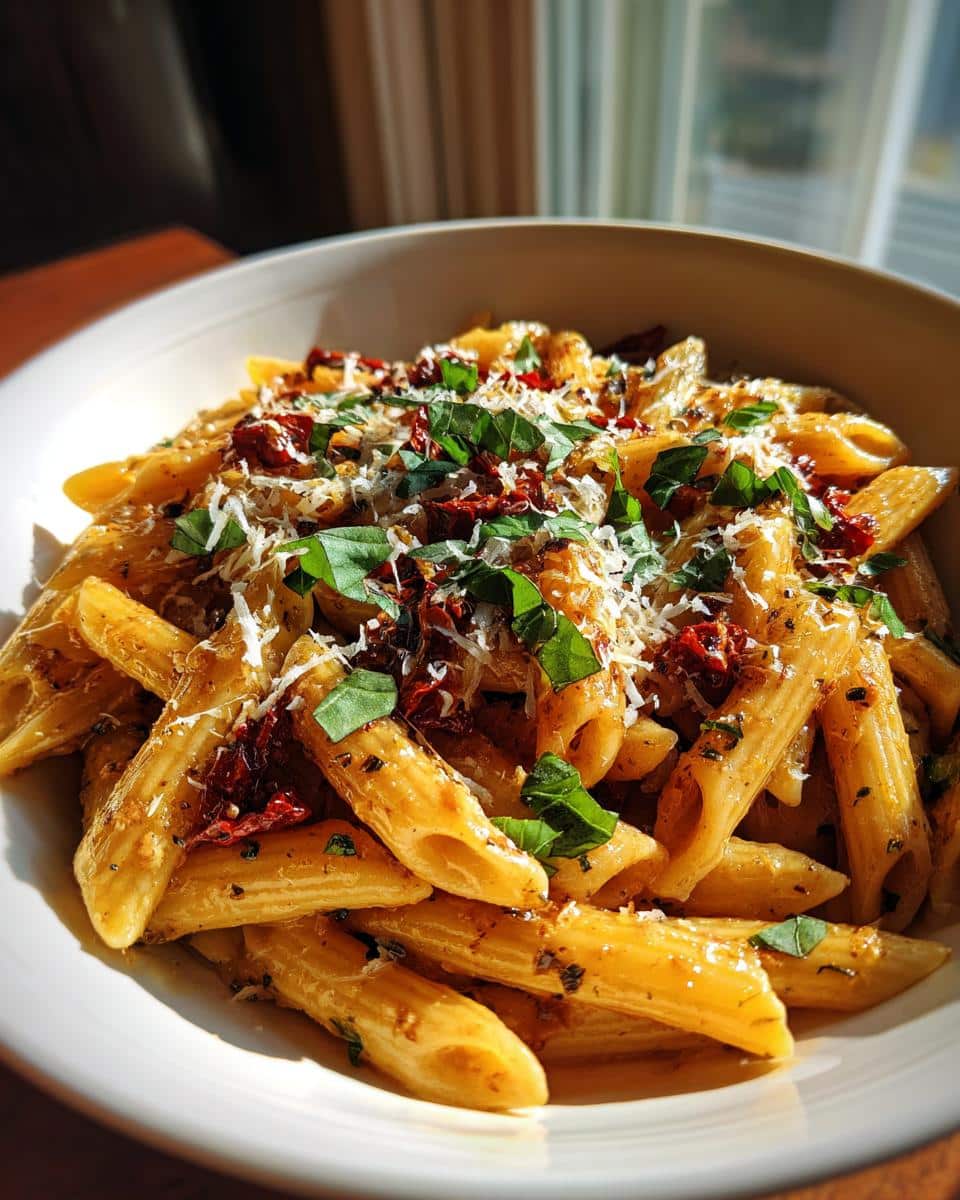 A close-up shot of a bowl of Sun Dried Tomato Pasta, garnished with fresh basil leaves and grated Parmesan cheese.