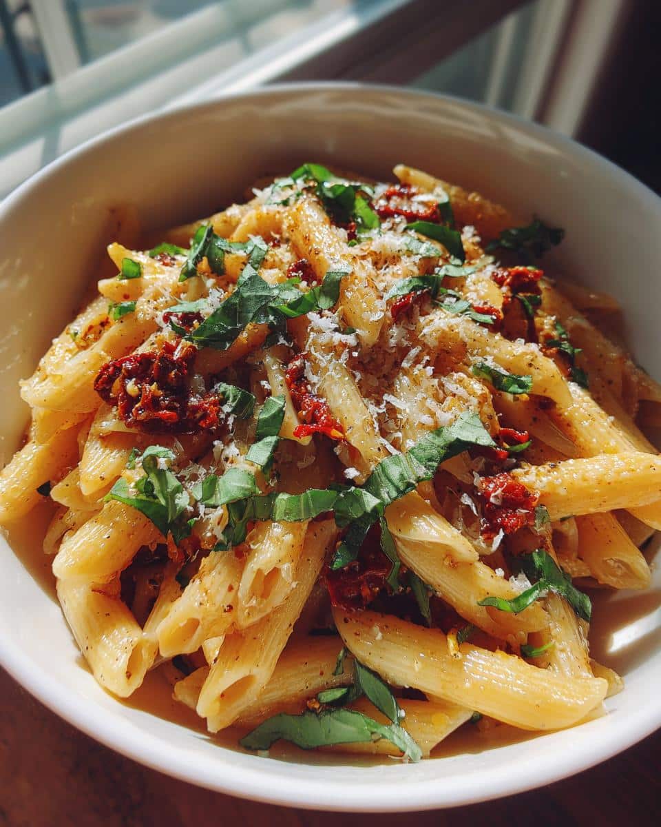 A close-up of a white bowl filled with Sun Dried Tomato Pasta, garnished with fresh basil and grated Parmesan cheese.
