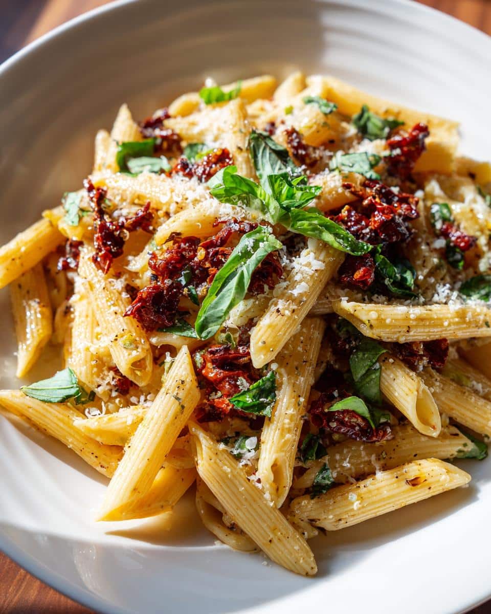 A close-up shot of Sun Dried Tomato Pasta in a white bowl, garnished with fresh basil leaves and grated cheese.