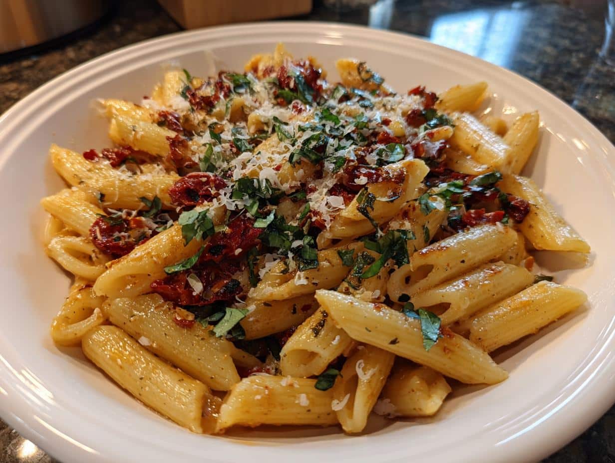 A white bowl filled with Sun Dried Tomato Pasta, garnished with fresh basil and grated Parmesan cheese.