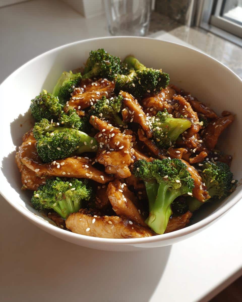 A white bowl filled with glistening Teriyaki Chicken and Broccoli Stir Fry, topped with sesame seeds.