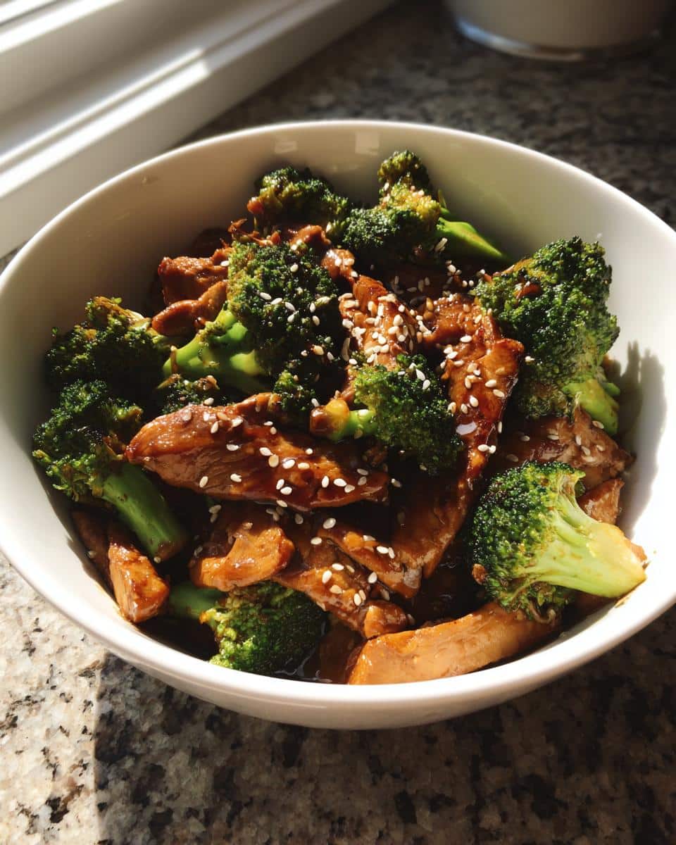 A close-up of a white bowl filled with Teriyaki Chicken and Broccoli Stir Fry, garnished with sesame seeds.