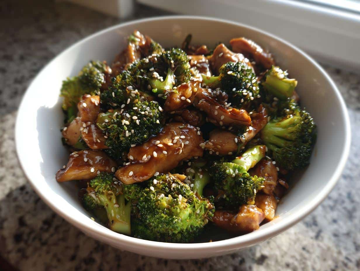 A close-up of a white bowl filled with glossy Teriyaki Chicken and Broccoli Stir Fry, garnished with sesame seeds.