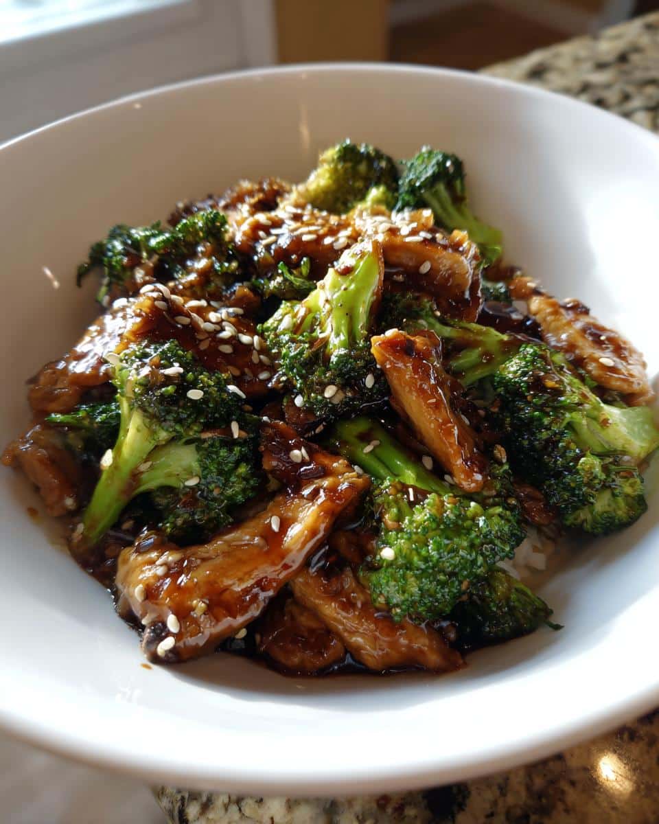 A close-up shot of a white bowl filled with glistening Teriyaki Chicken and Broccoli Stir Fry, topped with sesame seeds.