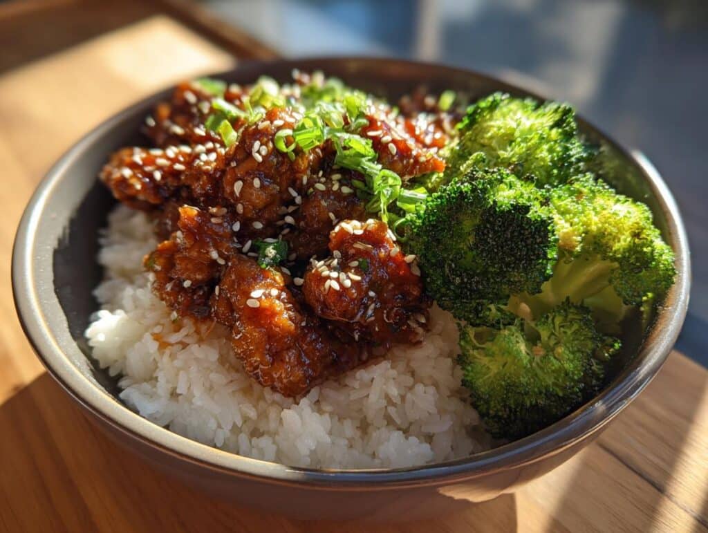 A close-up of a Teriyaki Ground Turkey Bowl with white rice, broccoli, green onions, and sesame seeds.