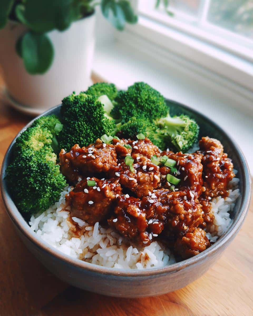 A close-up of a Teriyaki Ground Turkey Bowls with white rice, broccoli, and garnished with sesame seeds and green onions.