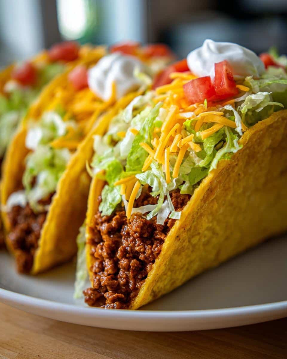 Three hard shell tacos filled with ground beef, shredded lettuce, cheese, diced tomatoes, and sour cream, perfect for Family Taco Night Favorites.