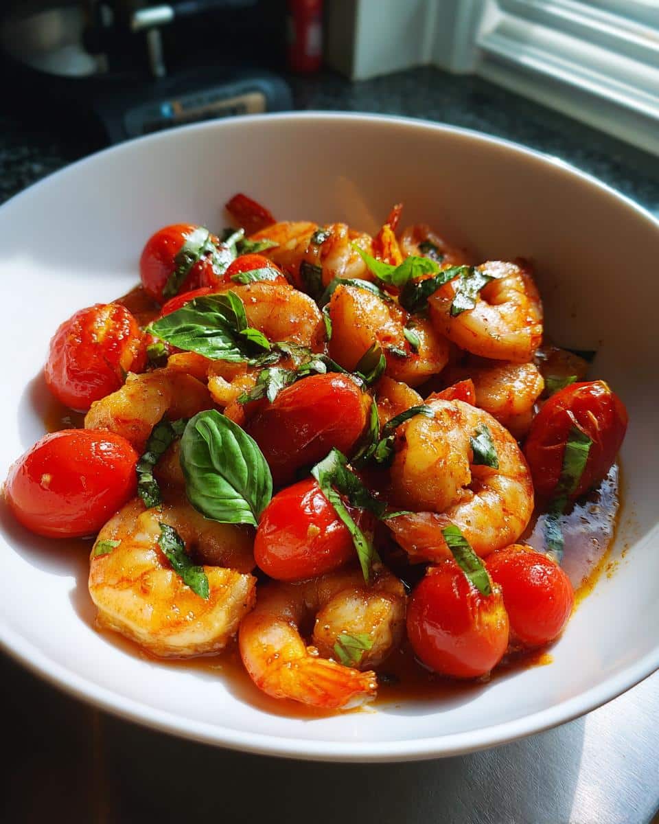 20-Minute Tomato Basil Shrimp Recipe for Beginners 2 Close-up of vibrant Tomato Basil Shrimp in a white bowl, garnished with fresh basil leaves and cherry tomatoes.