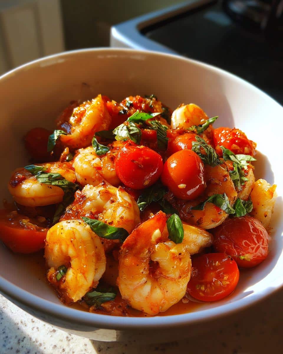 20-Minute Tomato Basil Shrimp Recipe for Beginners 5 A close-up of a white bowl filled with vibrant Tomato Basil Shrimp, garnished with fresh basil leaves.