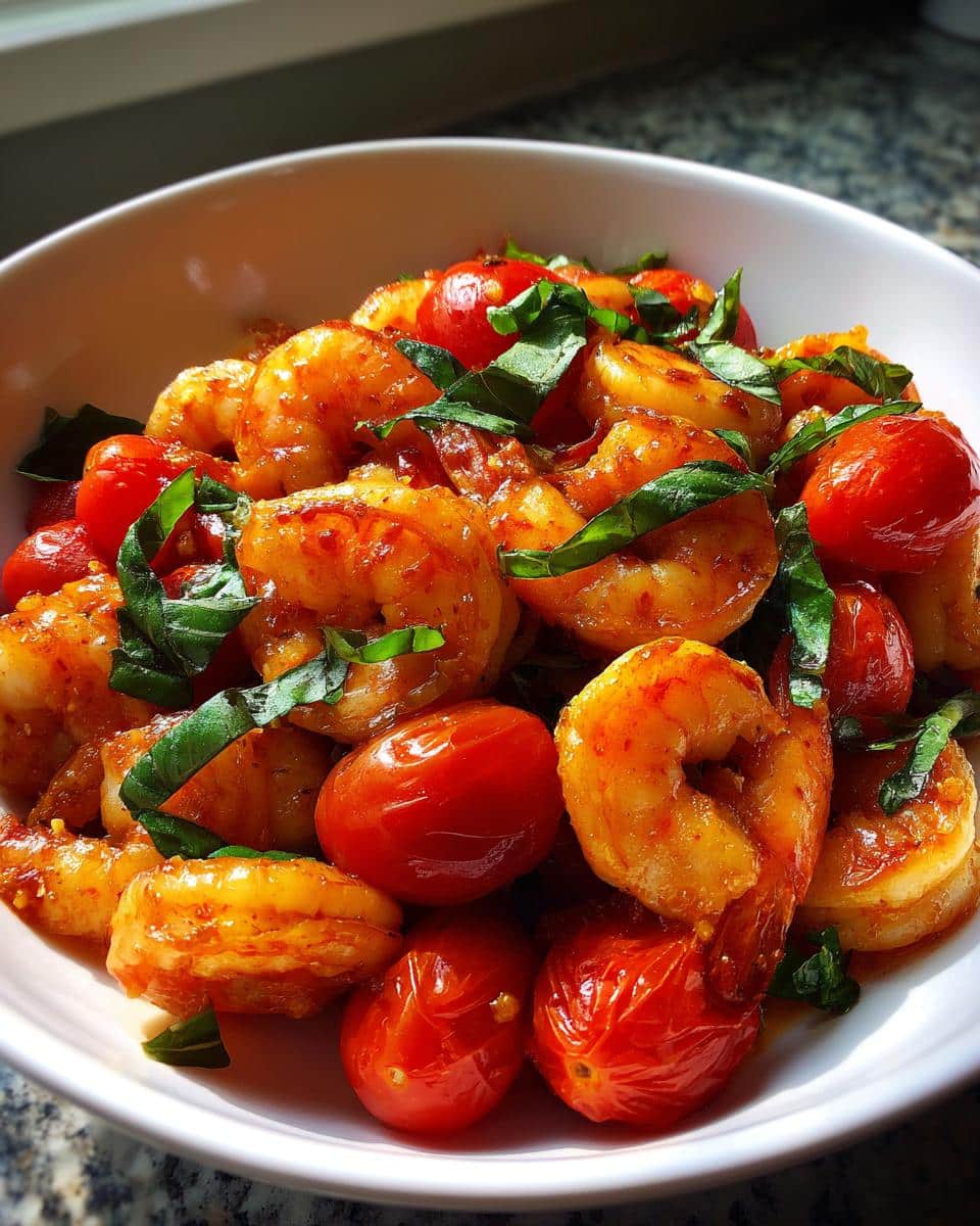 20-Minute Tomato Basil Shrimp Recipe for Beginners 3 A close-up shot of a white bowl filled with vibrant Tomato Basil Shrimp, garnished with fresh green basil leaves.
