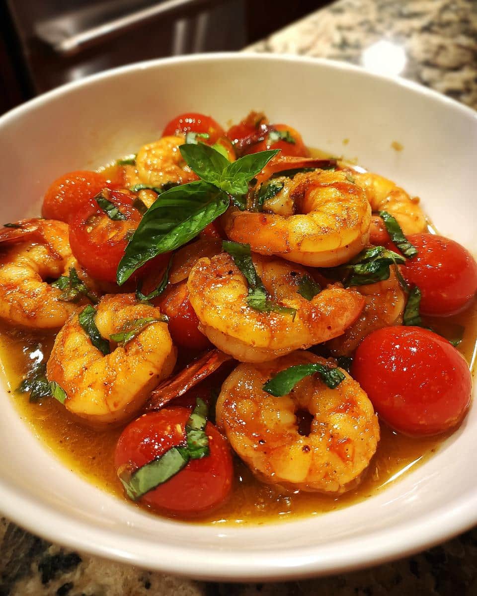 20-Minute Tomato Basil Shrimp Recipe for Beginners 4 A close-up of a bowl filled with vibrant Tomato Basil Shrimp, garnished with fresh basil leaves.