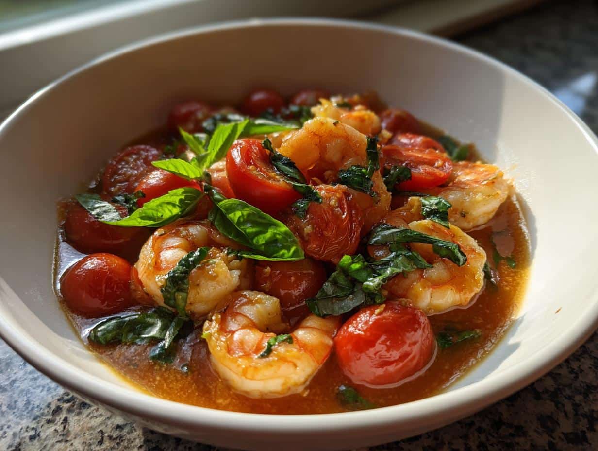 20-Minute Tomato Basil Shrimp Recipe for Beginners 1 A close-up of a bowl filled with vibrant Tomato Basil Shrimp, featuring plump shrimp, cherry tomatoes, and fresh basil leaves.