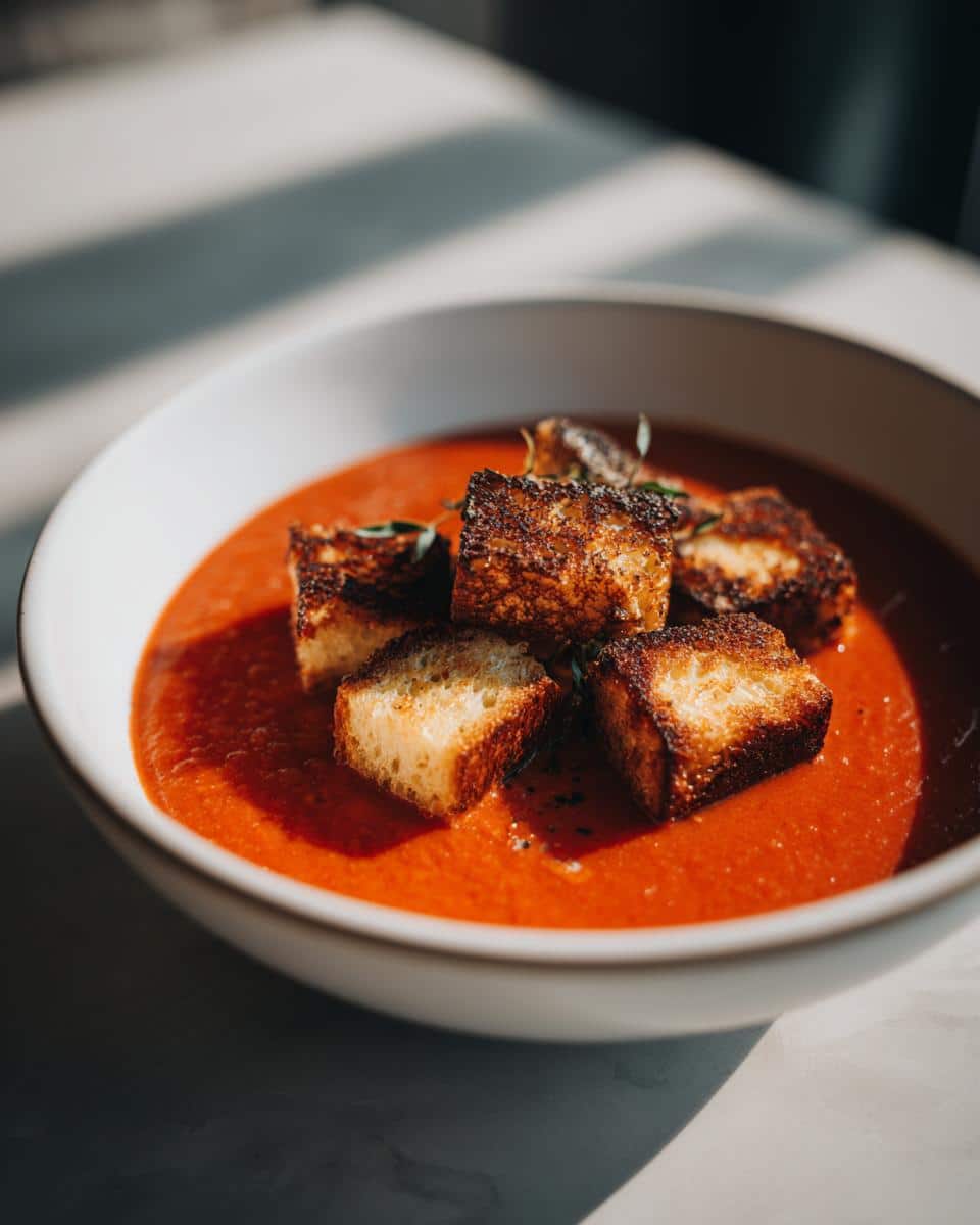 A close-up of a white bowl filled with vibrant red Tomato Basil Soup with Grilled Cheese Croutons on top.