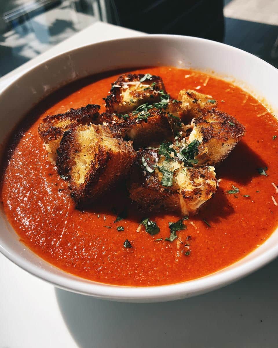 A bowl of vibrant red Tomato Basil Soup with Grilled Cheese Croutons, garnished with fresh herbs and grated cheese.