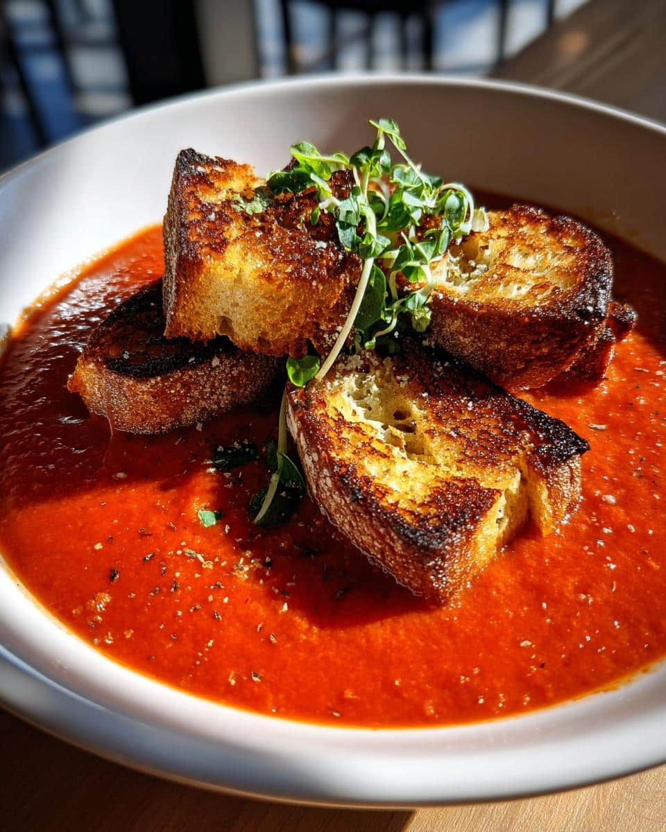 A vibrant bowl of Tomato Basil Soup with Grilled Cheese Croutons, garnished with fresh microgreens and a sprinkle of herbs.