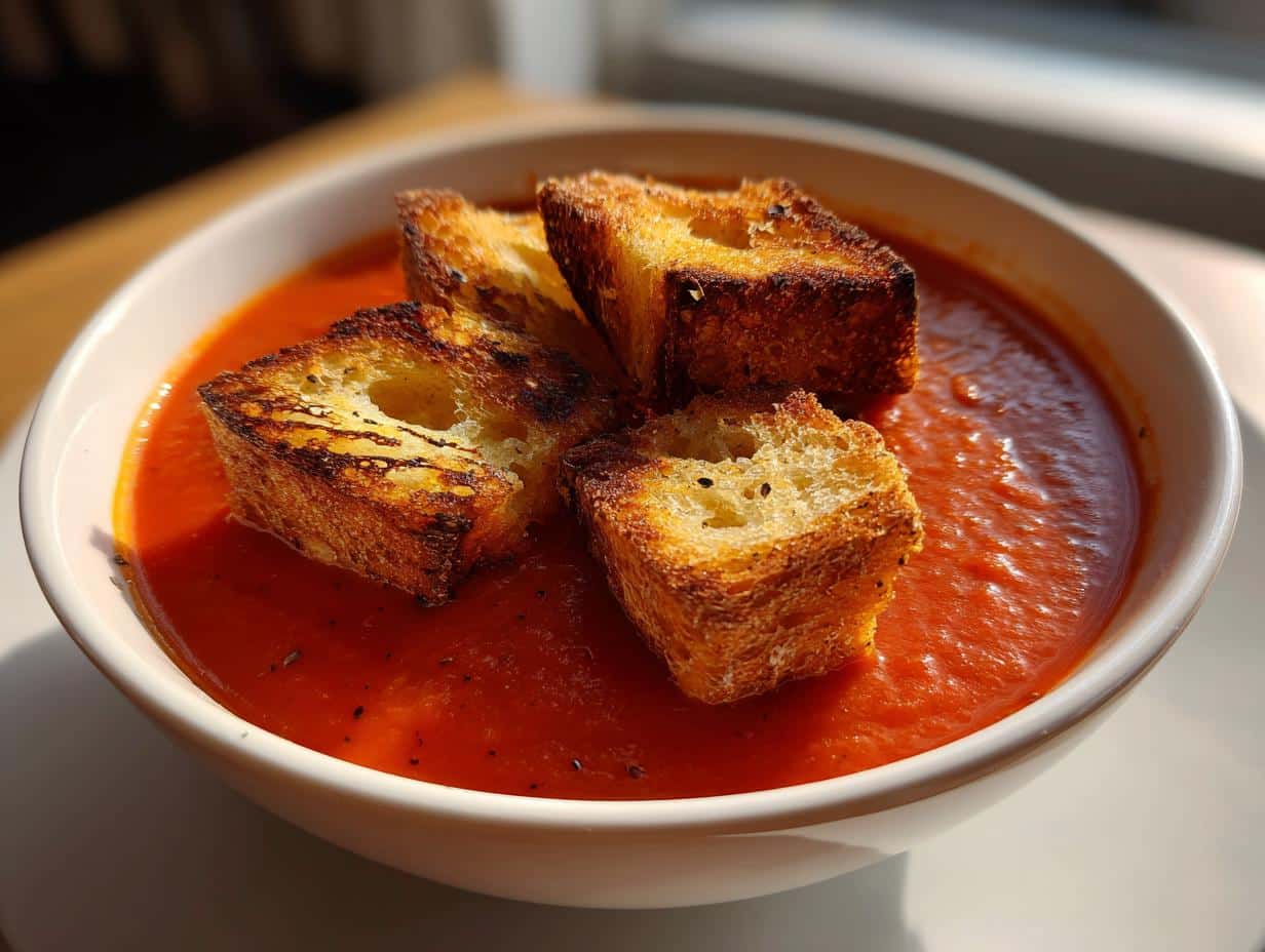 A bowl of vibrant red Tomato Basil Soup with Grilled Cheese Croutons floating on top, illuminated by natural light.