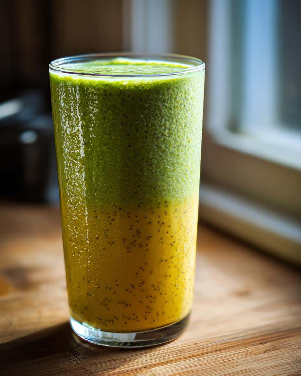 A tall glass of layered Tropical Spinach Smoothie, with a green top and a yellow bottom containing visible chia seeds.