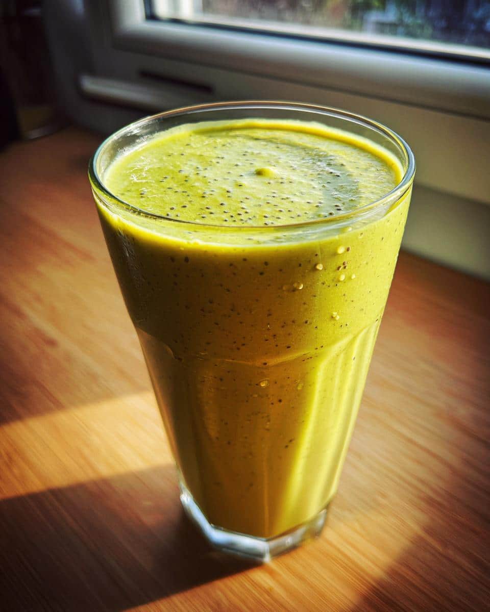 A tall glass filled with a vibrant green Tropical Spinach Smoothie, sitting on a wooden surface with natural light.