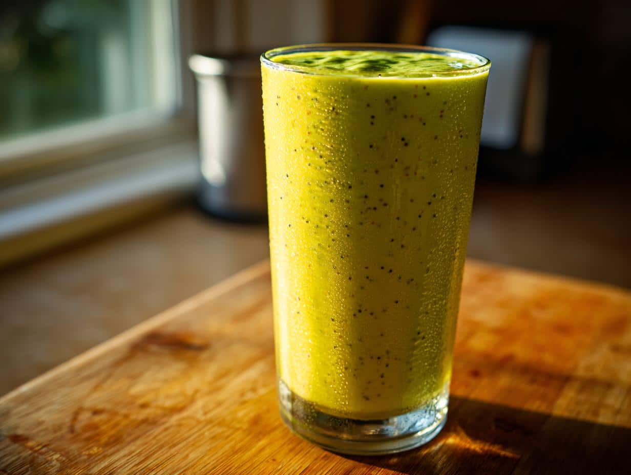 A tall, condensation-covered glass of vibrant green Tropical Spinach Smoothie with visible seeds, sitting on a wooden surface.