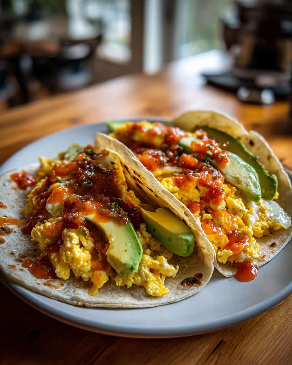 Two Breakfast Egg Tacos on a white plate, filled with scrambled eggs, sliced avocado, and topped with red salsa.