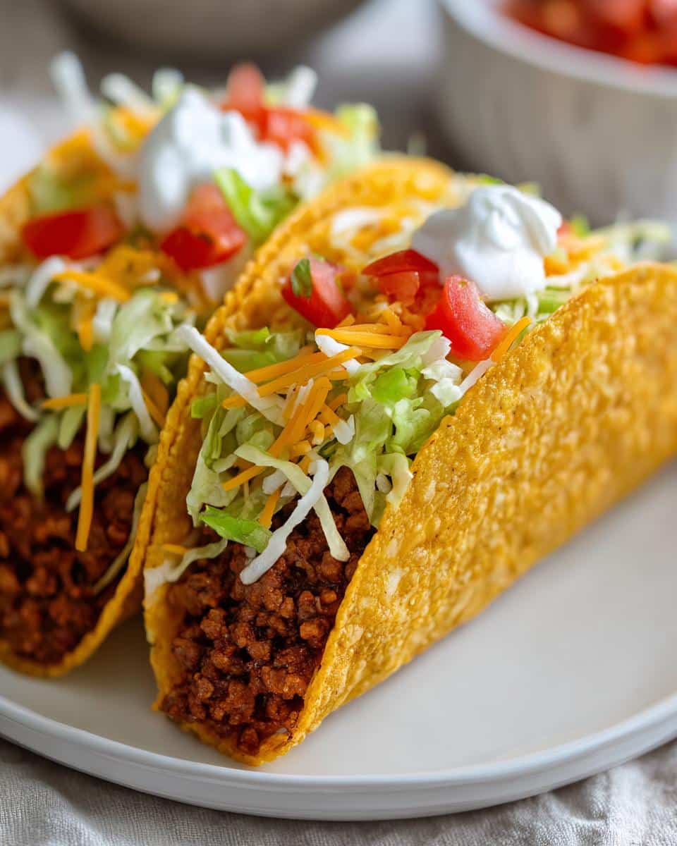 Two crunchy beef tacos on a white plate, topped with shredded lettuce, cheese, diced tomatoes, and sour cream. Family Taco Night Favorites.