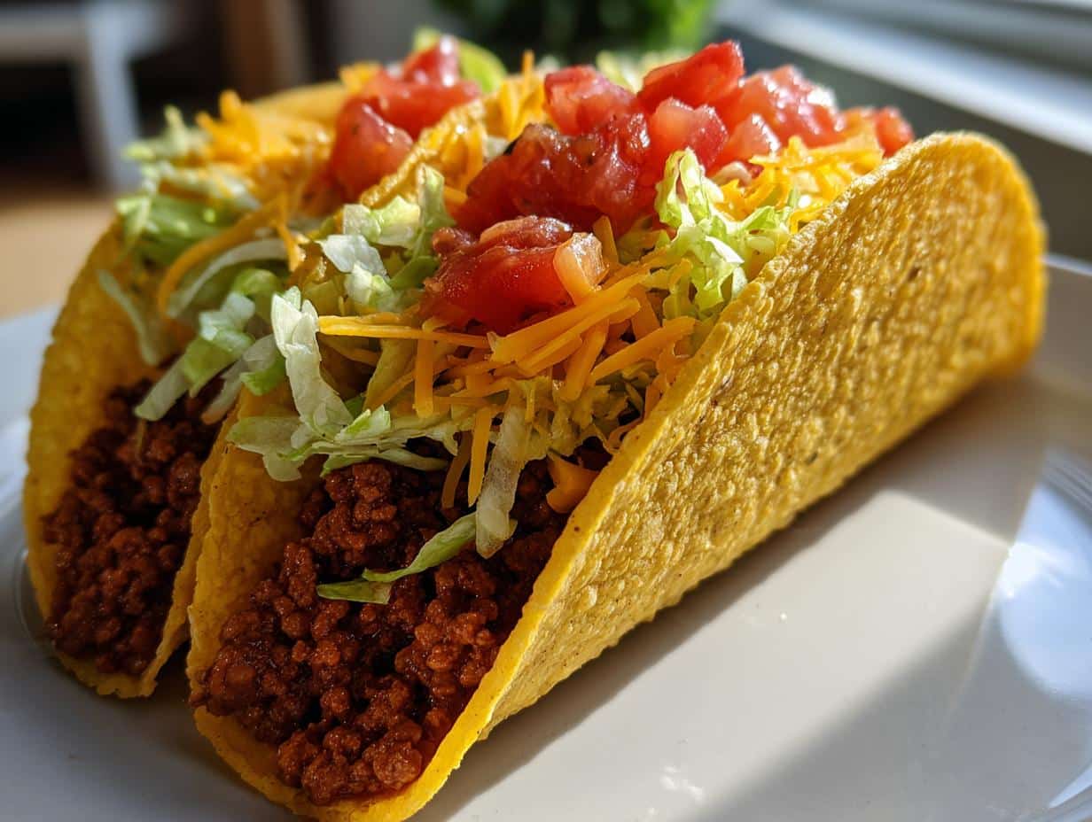 Two hard-shell Ground Beef Tacos filled with seasoned ground beef, shredded lettuce, cheese, and diced tomatoes.