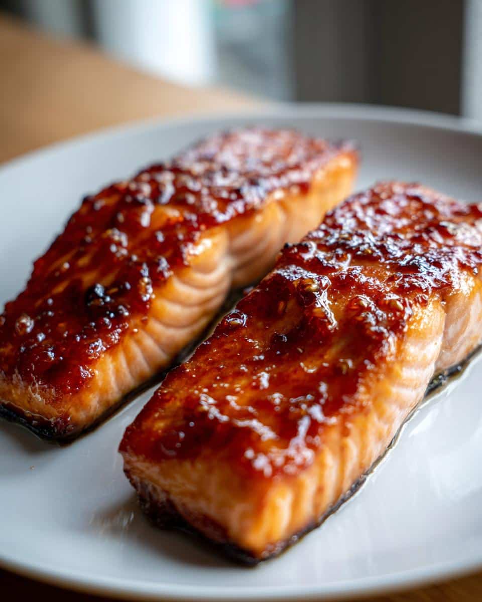 Two glistening fillets of Miso Glazed Salmon on a white plate, showing the rich, caramelized glaze.