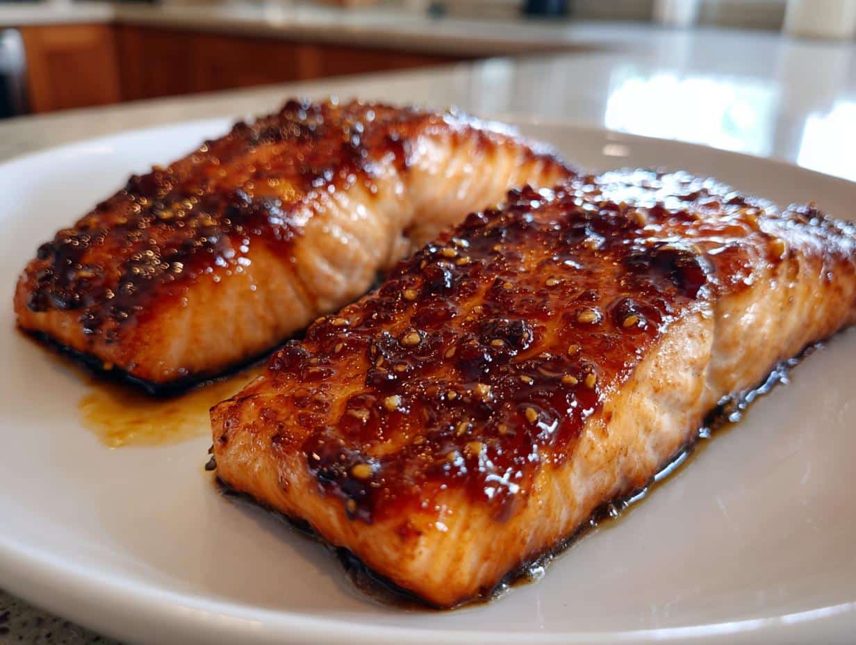 Two glistening fillets of Miso Glazed Salmon on a white plate, showcasing the rich, caramelized glaze.