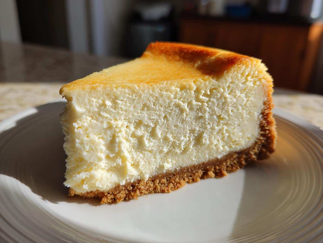 A close-up of a perfectly baked slice of Ultimate Cheesecake with a golden-brown crust and creamy filling on a white plate.
