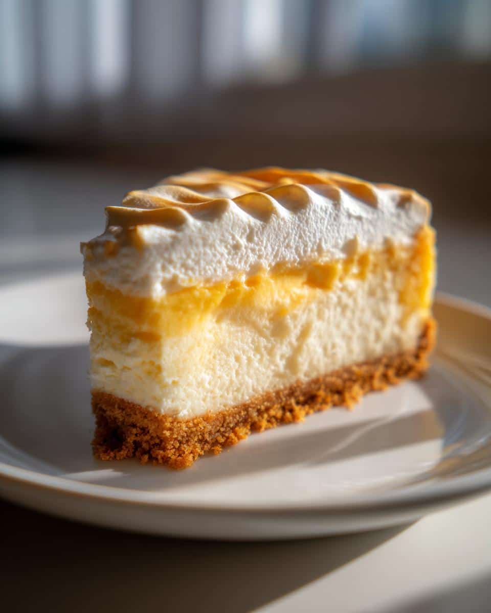 A close-up of a slice of Ultimate Cheesecake with a golden-brown crust, creamy filling, and fluffy meringue topping.