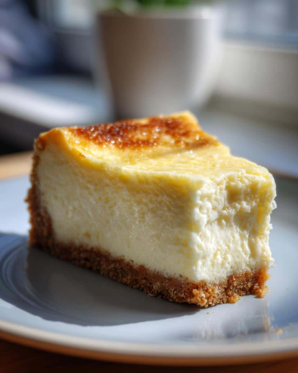 A close-up of a single slice of creamy Ultimate Cheesecake with a golden-brown top and a thick graham cracker crust on a grey plate.