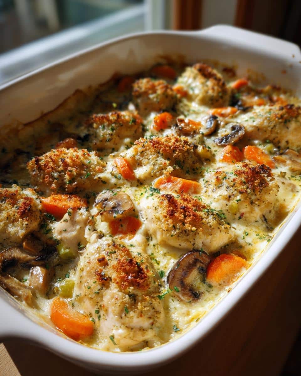 Ultimate Chicken Casserole: 1 Dish for Irresistible Comfort 2 Close-up of a baked Ultimate Chicken Casserole in a white dish, featuring chicken pieces, carrots, mushrooms, and a golden-brown crumb topping.