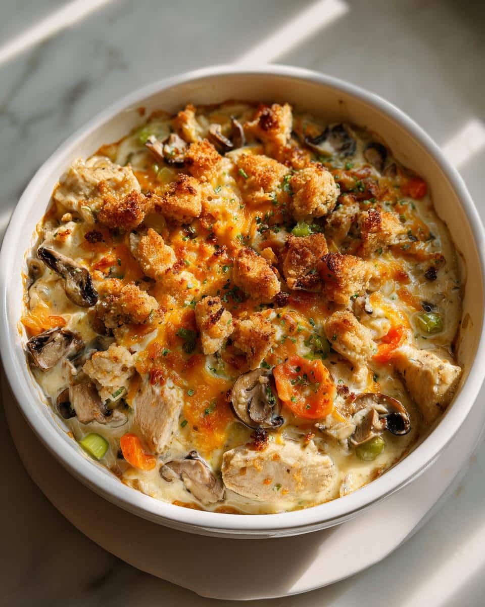Ultimate Chicken Casserole: 1 Dish for Irresistible Comfort 3 A close-up of a freshly baked Ultimate Chicken Casserole in a white dish, topped with golden cheese and crispy breadcrumbs.