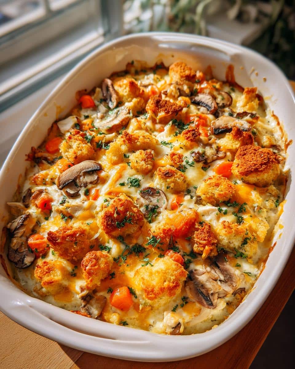 Ultimate Chicken Casserole: 1 Dish for Irresistible Comfort 4 A close-up of a freshly baked Ultimate Chicken Casserole in a white dish, topped with golden croutons, melted cheese, mushrooms, and carrots.