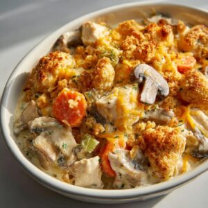 Ultimate Chicken Casserole: 1 Dish for Irresistible Comfort 6 Close-up of a creamy Ultimate Chicken Casserole with golden, crispy topping, chicken pieces, carrots, mushrooms, and celery.