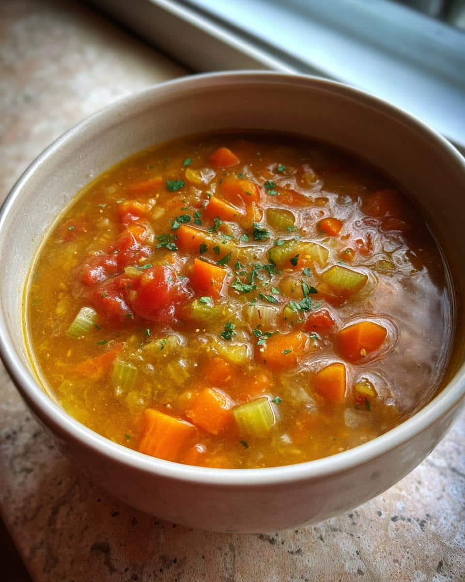 Close-up of a bowl of Ultimate Soup, rich with diced carrots, celery, tomatoes, and garnished with fresh herbs.
